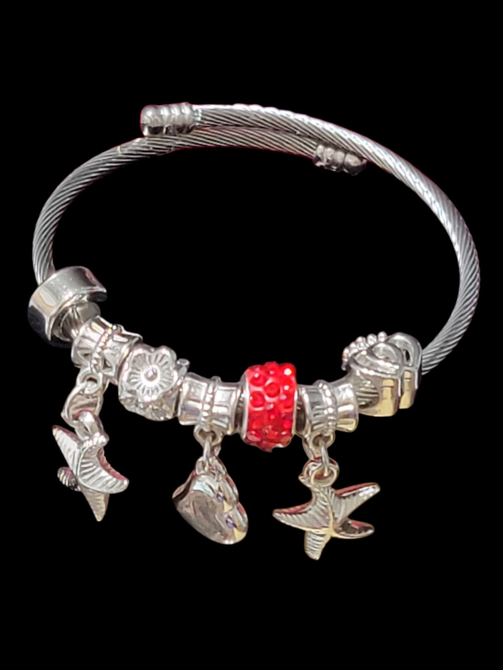 Silver-Tone Cable Charm Bracelet with Red Crystal Accent